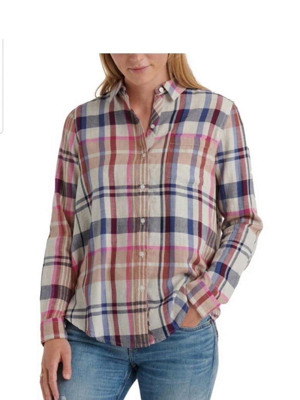 Lucky Brand Pink and Navy Plaid Flannel Button Up Shirt Sz L